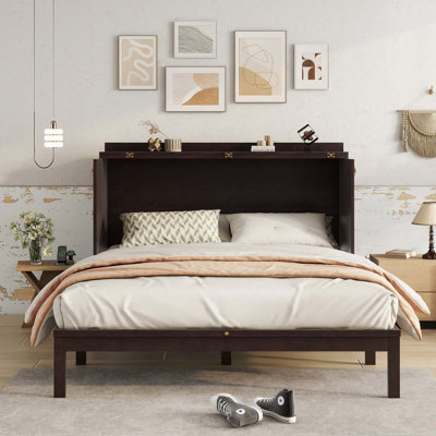 Queen Size Murphy Bed, Pine Wood Cabinet Bed with Power Station and Rattan Decoration Panel