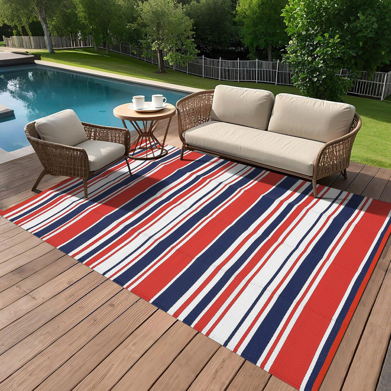 Large Outdoor Rug, Waterproof Reversible Plastic Mat – Modern Striped, UV-Resistant, Easy Clean, For Patio, Deck, Camping, RV, Porch, Red/Navy Blue/White, 10x14ft (305x427cm)