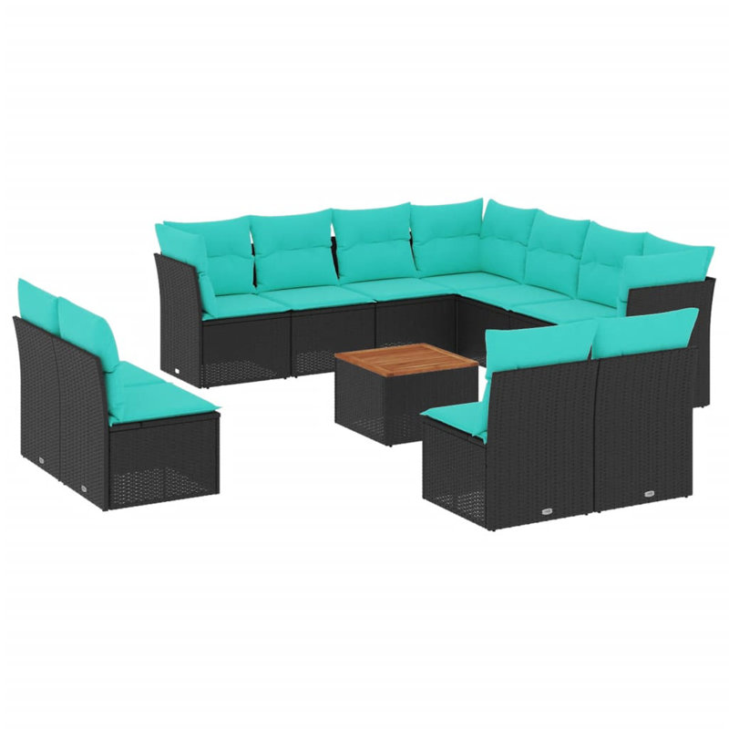 Ensemble de canapé de patio 12 pièces avec coussins en rotin de polyester, Bleu clair, Noir