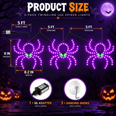Guirlande lumineuse DEL araignée 3 pièces de 23 cm (9 pouces) avec effet scintillant violet