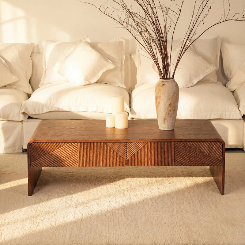 VISTA 55" White Oak Coffee Table with Sculpted Slat Detailing & Chevron Front – Brown, Brown