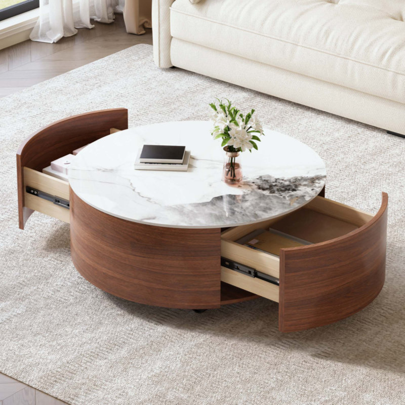 Table basse ronde moderne mobile avec roulettes, 2 tiroirs, plateau en marbre fritté à motif marbré, Blanc / Noyer