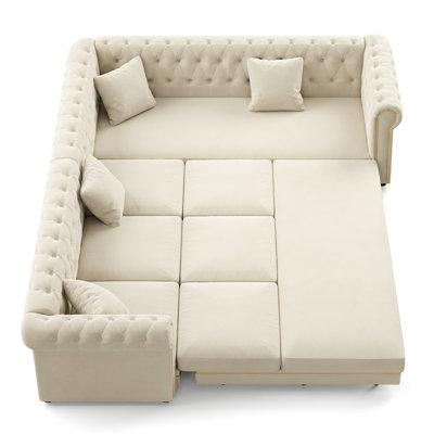 115.3" L-Shaped Chesterfield Sectional Sofa with Pull-Out Bed, Deep Seat, Button Tufted and Gold Trim Rolled Arms