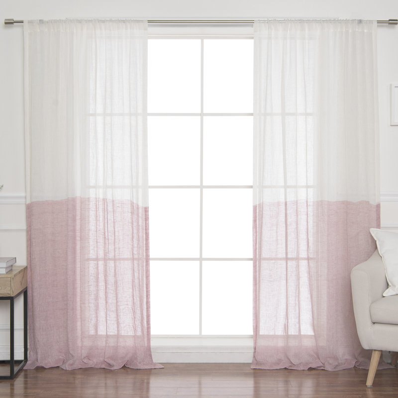 Burtie Linen Room Darkening Single Curtain Panel, White/Pink