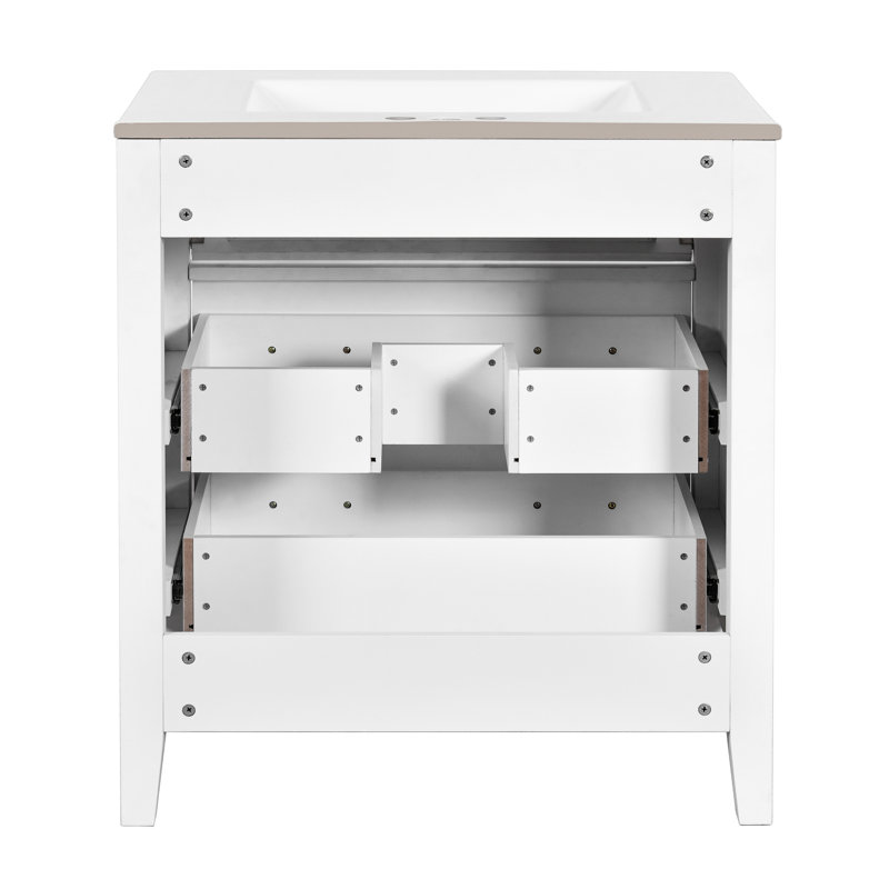 Meuble-lavabo de salle de bain 30 po blanc rétro avec tiroirs de haute qualité, structure en bois massif et grand espace de rangement en céramique, charnières réglables à fermeture douce pour une polyvalence accrue