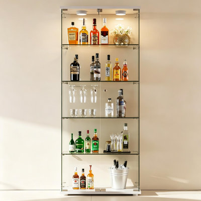 5-Tier Display Cabinet with Dual Glass Doors, Cabinet Display Case Tempered Glass Curio Cabinet with Human Body Sensor & 3-Color LED Lights for Collectibles, Wine, Living Room (White）