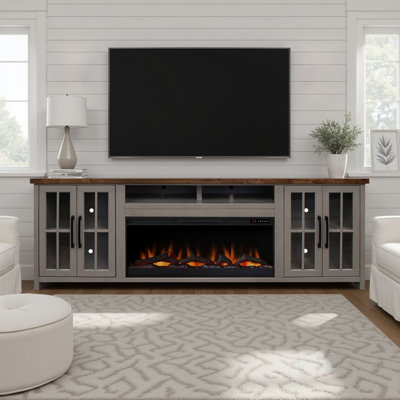 Meuble télé avec foyer de 97 po Avalon, assemblage minimal, supportant les téléviseurs jusqu'à 100 po, finition grès élégant et whisky, meuble télé