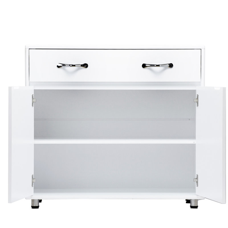 White Two Door Side Table: Functional Cabinet For Living, Entryway, Kitchen, Bedroom. Quality Painting & E1 Material. Simple Design With Fluent Lines. Assembly Required. Safe Legs Rubber Pad. Soft