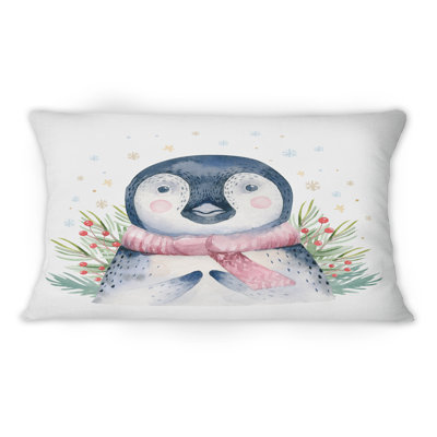 Portrait Of A Baby Penguin With Pink Scarf - Children''s Art Printed Throw Pillow 1
