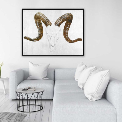 Aeries Skull with Brown Horns - Beige Framed Canvas Decor