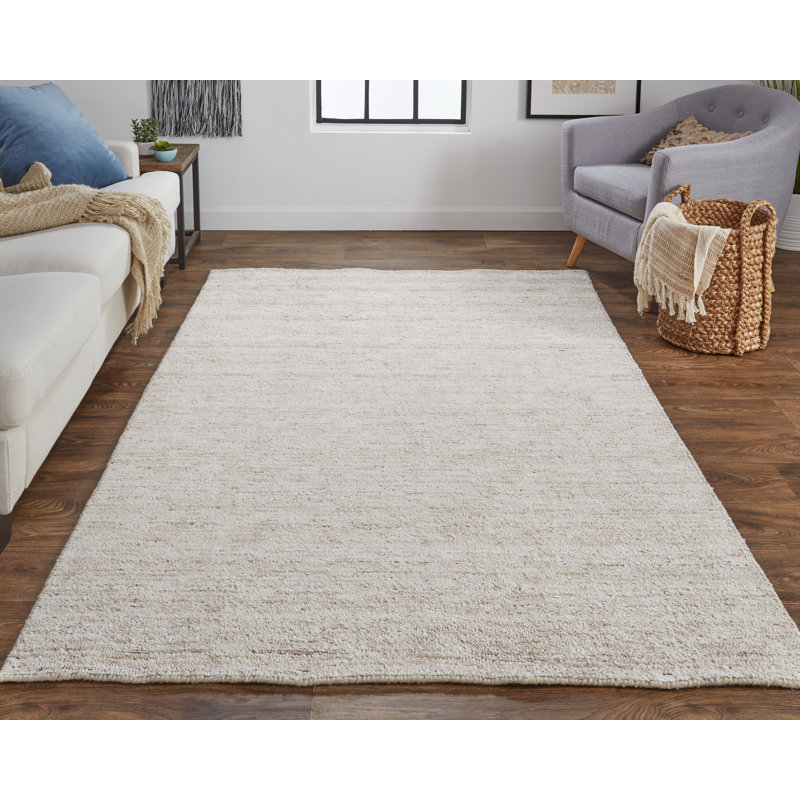 Tapis de zone beige en coton/laine noué la à la main Daouda, Rectangle 3 pi 6 po x 5 pi 6 po