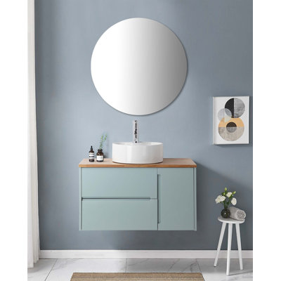 Wall-Mounted Bathroom Vanity with Double Drawer and Single Door, Featuring Natural Top, Round Ceramic Sink, and Modern Minimalist Design