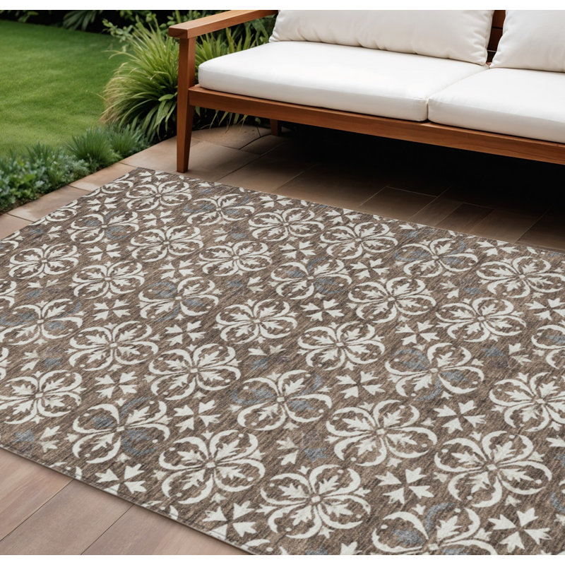 Tapis extérieur lavable floral brun et beige 8 pi x 10 pi
