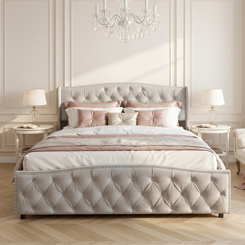 Velvet Ottoman Bed With Tufted Wingback & Nailhead Trim, Storage Bed Frame, European Double & King Size, Grey