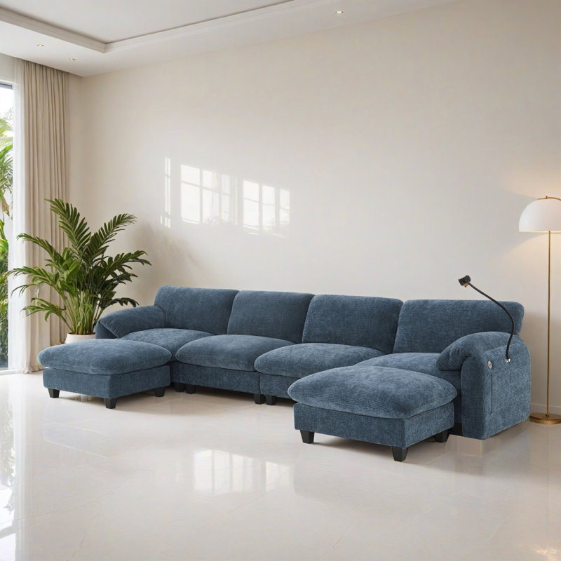 Canapé-lit modulaire 6 pièces pour salon, Chenille gris-bleu