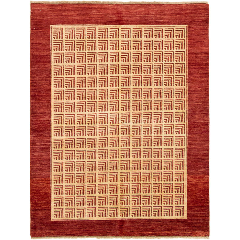 Tapis unique en laine noué à la main crème / rouge foncé de 4 pi 10 po x 6 pi 4 po Anautica