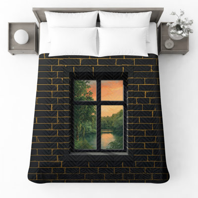 Black Brick Wall Window Quilted Bedspread All Sizes
