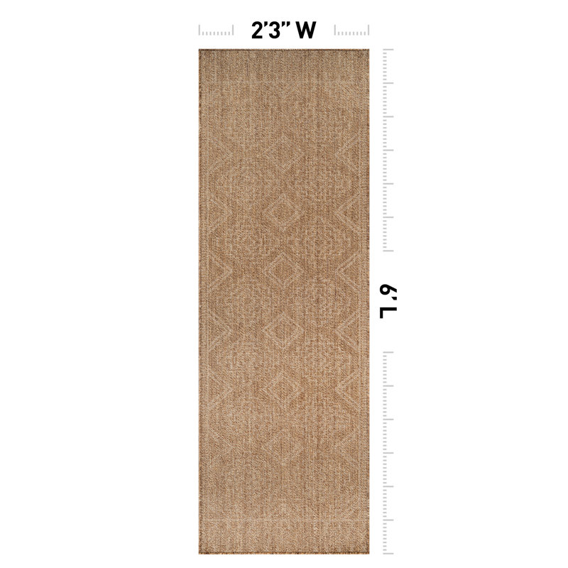 Geometric Border Sand/Natural Easy-Care Jute-Style Indoor/Outdoor Flat Woven Area Rug, Runner 2'3" x 6', Sand