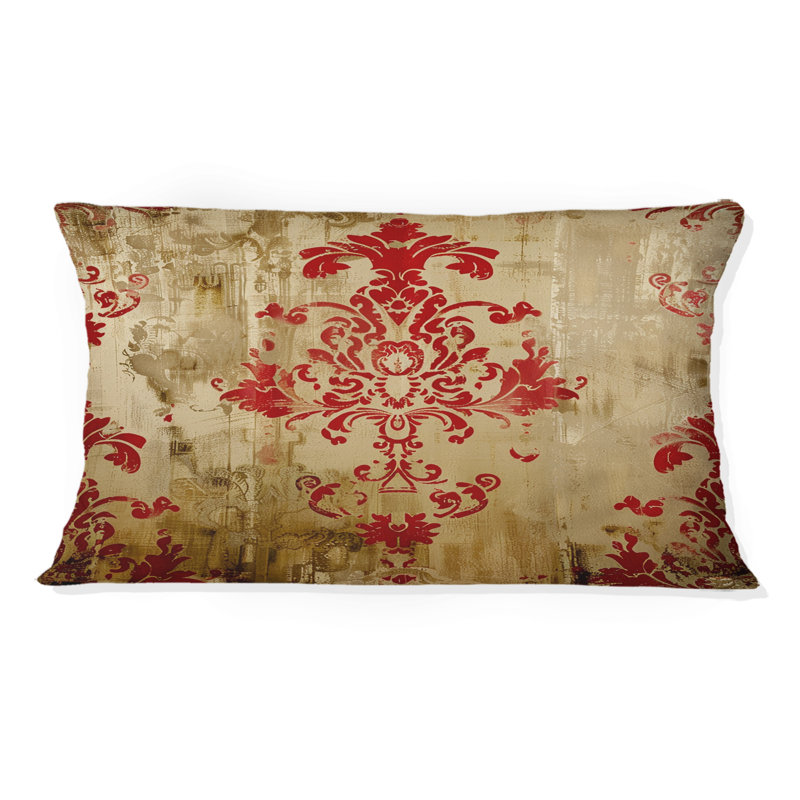 Motif damassé rouge et or baroque - coussin damassé rouge, H 12 po x l 20 po, Forme rectangulaire