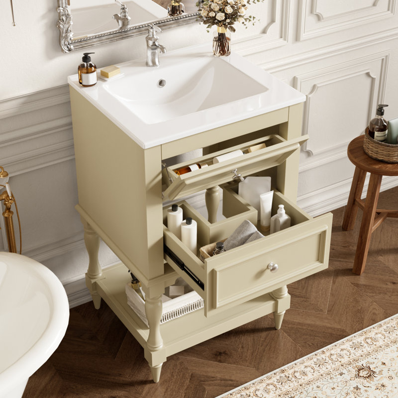 Meuble-lavabo de 20 po avec lavabo en céramique, armoire de rangement avec tablette ouverte, armoire de salle de bain rétro avec 2 tiroirs