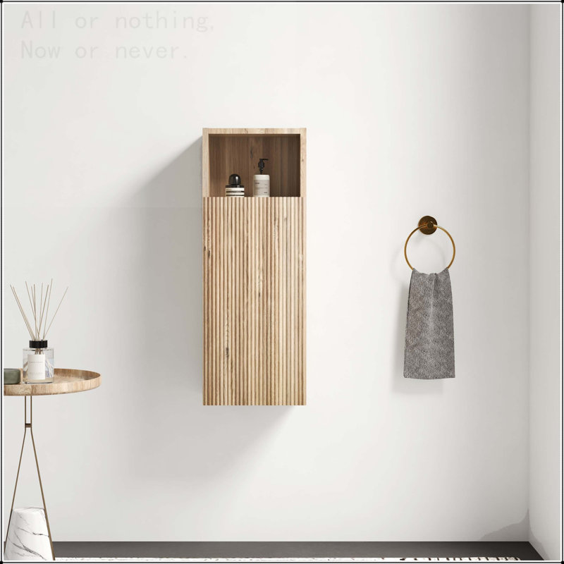 Wall Mounted Storage Cabinet with Handle-Free Design, 1 Door, Oak
