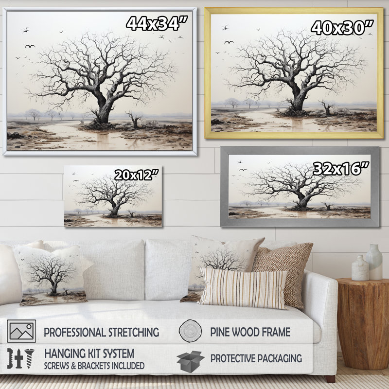 " Grey Minimalism Baobab Tree III ", 12" H x 20" W x 1" D, White Floater Frame