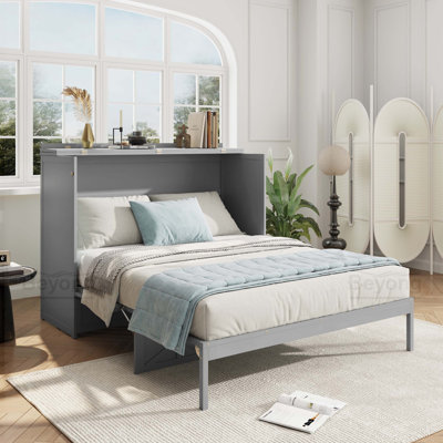 Grand lit escamotable avec grands tiroirs et USB, gris brossé