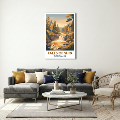 Falls of Shin, Scotland - Romantic Highland Waterfall Travel Poster in Golden Light. Giclee Print on Wrapped Canvas. Wall Art, Home Decor - Natural Landmarks, Scotland 1 Piece Wrapped Canvas Wall Art