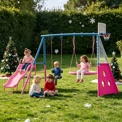 5-in-1 Metal Kids Swing Set, SUMIJ Heavy Duty Outdoor A-Frame Stand – Perfect for Backyard Playground & Garden