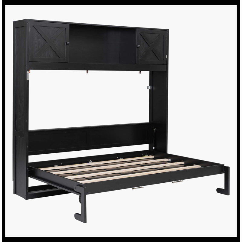 Grand lit escamotable noir avec armoires de rangement, Noir