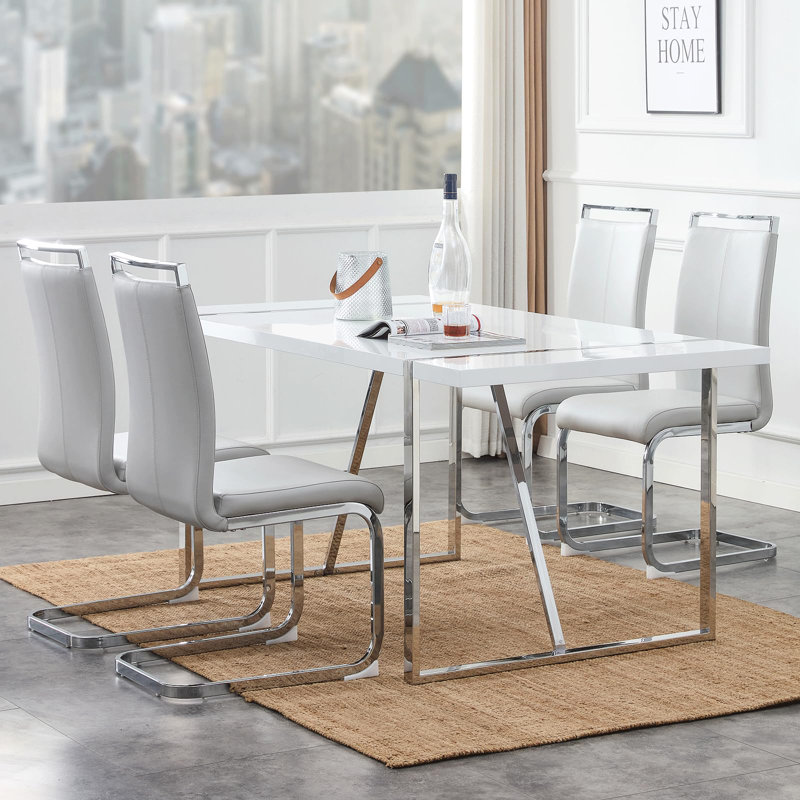 4 - Person Dining Set, Modern Rectangular Dining Table Set with 4 Luxury Faux Leather Dining Chairs, Silver
