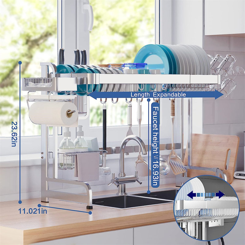 Adjustable Stainless Steel Two-Tier Over-Sink Dish Rack with Utensil Cup