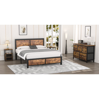 Ensemble de chambre à coucher en bois Cadre de lit en bois, commode 5 tiroirs, ensemble de table de chevet