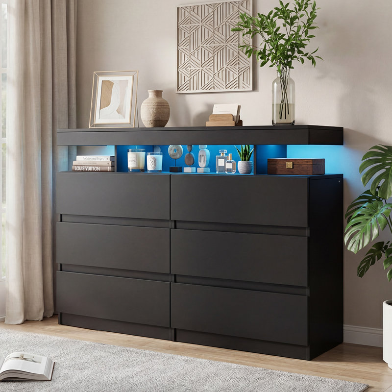 Commode 6 tiroirs l 47 po avec prise de courant et lumière DEL contrôlée par l'application, Noir