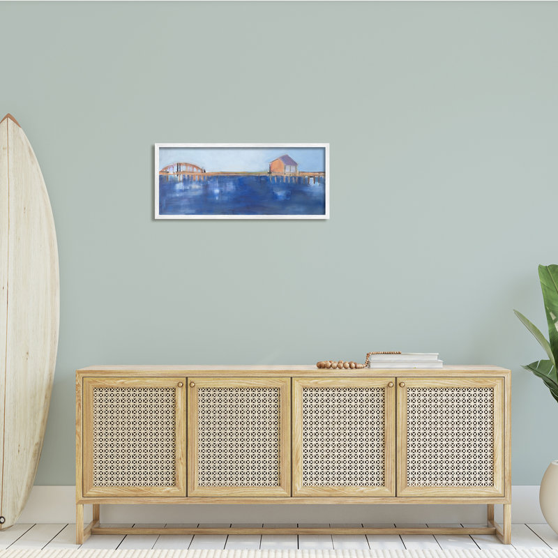 «Abstract Bay Landscape Deep Blue Water Bridge Architecture» par Susanne Marie - Peinture, H 13 po x l 30 po