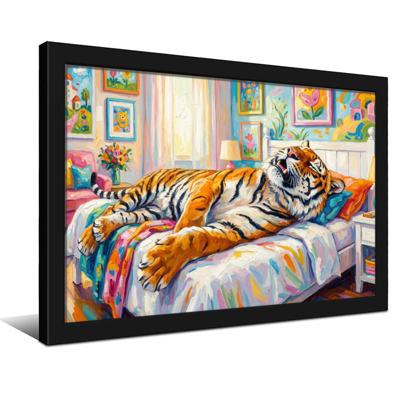 Animaux, tigre, reposant sur un lit coloré dans une pièce lumineuse, H 16 po x l 24 po, Toile tendue, Ne s’applique pas