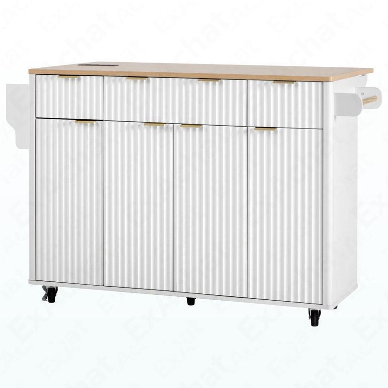 Fluted Kitchen Island With Storage, 55.5" Kitchen Island With Drop Leaf, Power Outlet, 4 Doors And 3 Drawers, Rolling Island Table With Wood-Grain Top, Curved Edge For Kitchen,Dining Room White
