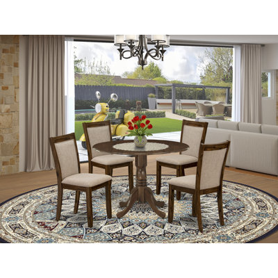 5 Piece Kitchen Table Set for 4 Includes a Round Dining Room Table with Dropleaf and 4 Light Tan Linen Fabric Parsons Dining Chairs, 42x42 Inch, Natural Walnut