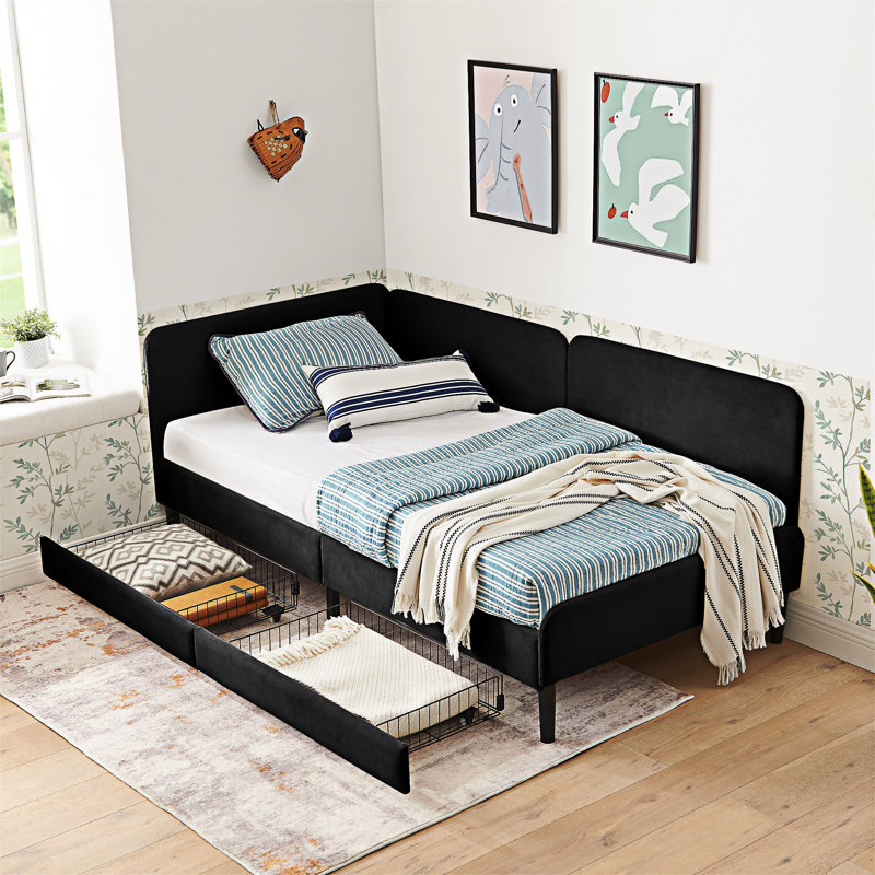 Upholstered Platm Bed Frame With Drawers, Twin, Black