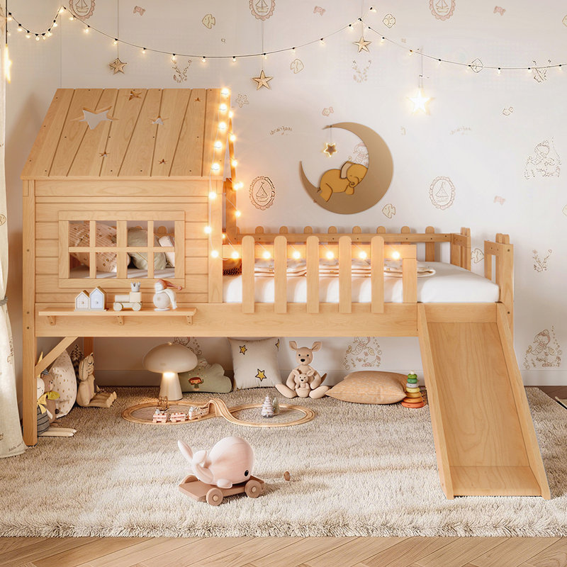 House Loft Bed with Slide and Playhouse Design, Star Moon-shaped Cutouts, LED Lights, No Box Spring Needed, Natural, Twin