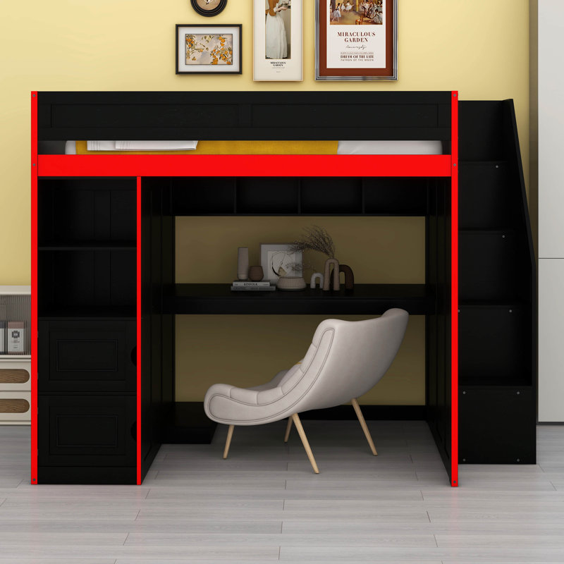 Lit mezzanine Gaming avec bureau intégré, grand espace de rangement et éclairage ambiant à DEL, Lit double