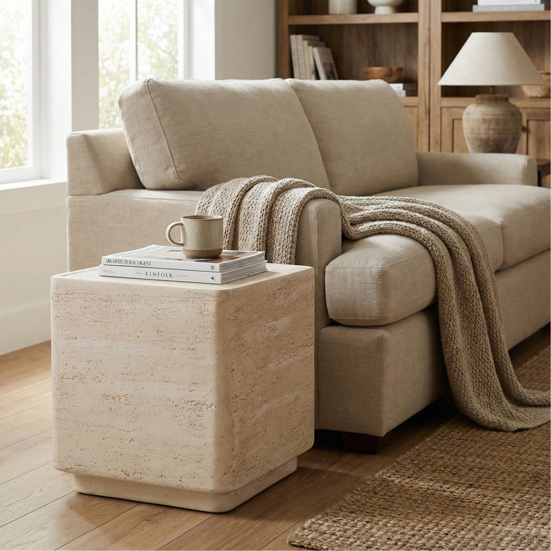 Daphne Outdoor Patio MGO Side Table, Beige Travertine Finish, Set Of 1