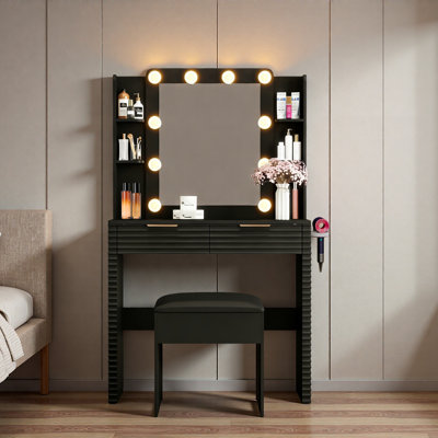 Makeup Vanity Desk With 10 Hollywood Bulbs, Fluted Dressing Table With Charging Station, 2 Drawers And 4 Open Shelves, Hairdryer Holder, Padded Stool With Storage