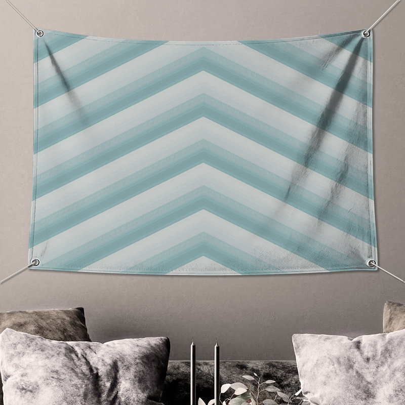 Tapisserie murale chevron bleu blanc - Décoration murale chevron, H 68 po x l 80 po avec 4 œillets