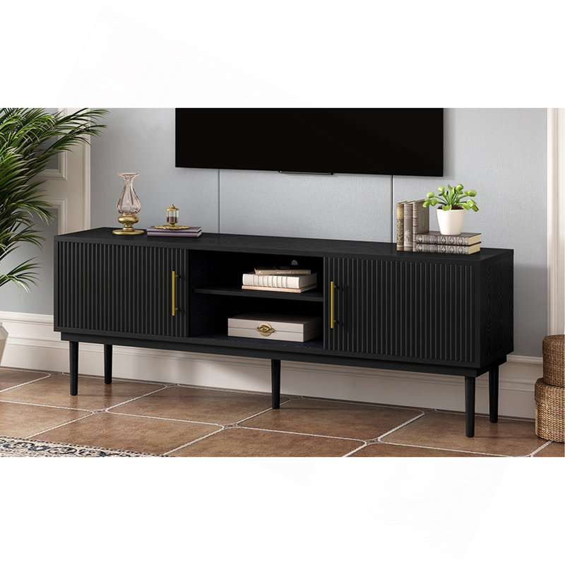 Mirod Stylish TV Stand with Vertical Striped Doors, Space-Saving Sliding Door Design, Sturdy Solid Wood Legs, Versatile as TV Console or Side Cabinet