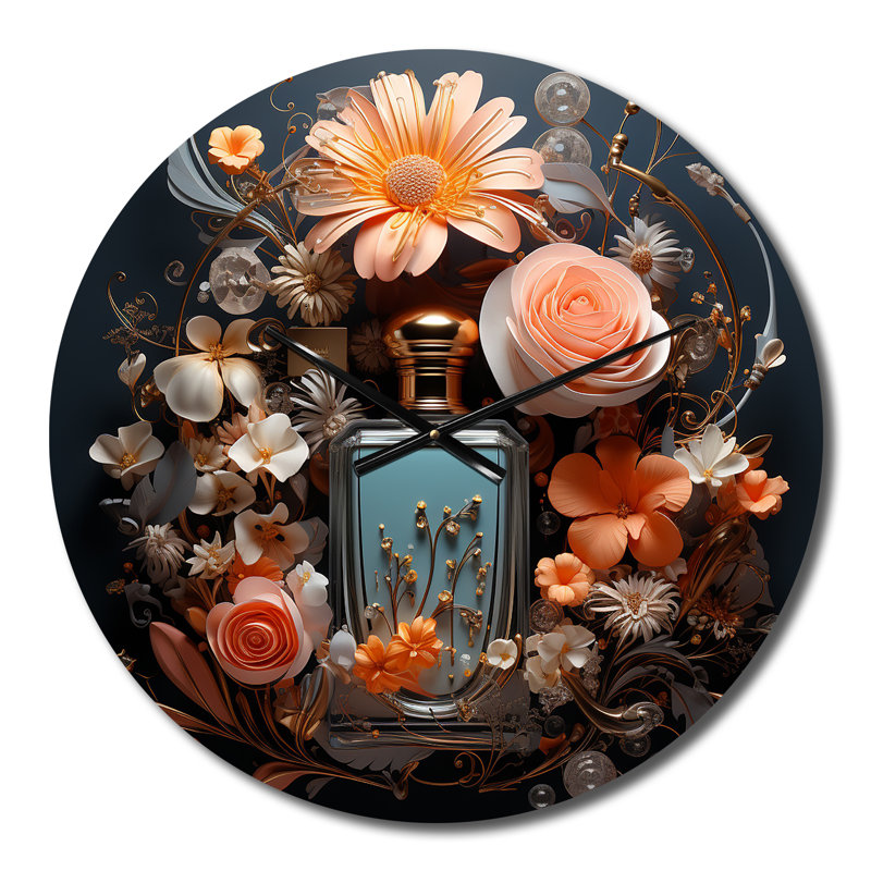 Horloge murale en forme de bouteille de parfum avec fleurs roses, Petit