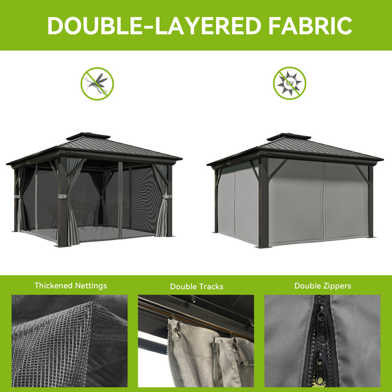 Outdoor Metal Hardtop Patio Gazebo with Privacy Curtain and Mosquito Netting, 12 ft x 12 ft