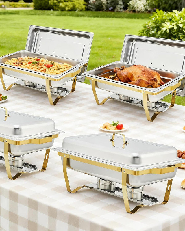 Ensemble de 2 chauffe-plats en acier inoxydable doré avec cadre
