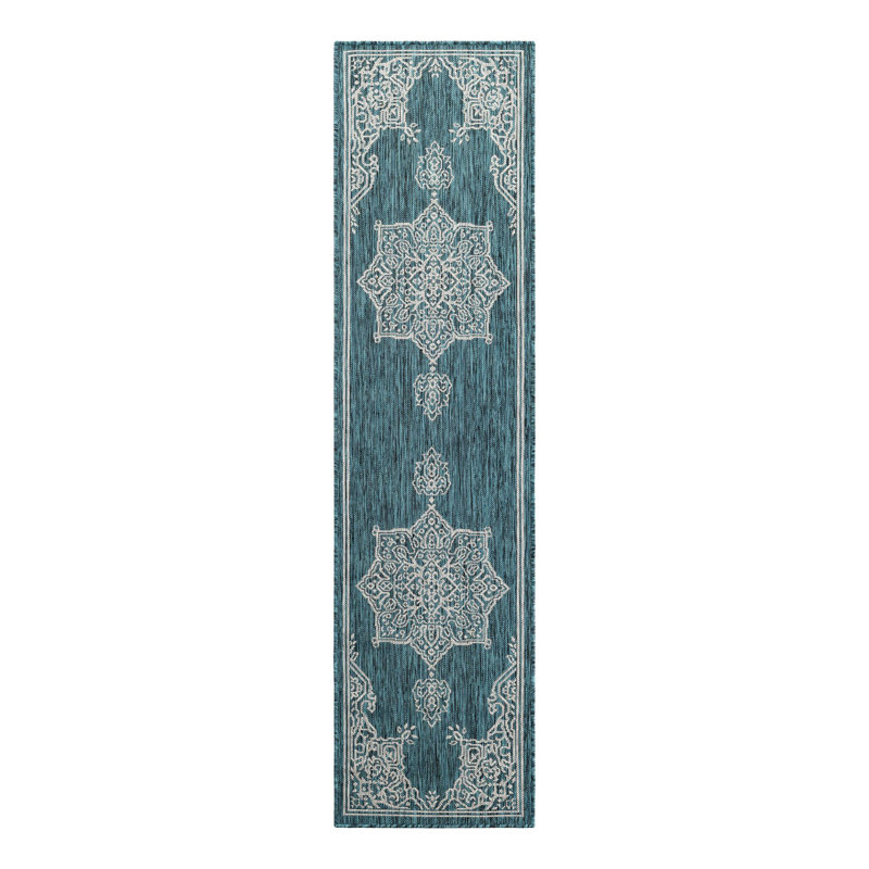 Craighead Oriental Machine Made Power Loom Polypropylene Indoor / Outdoor Area Rug in Blue/Gray, Runner 2' x 8'