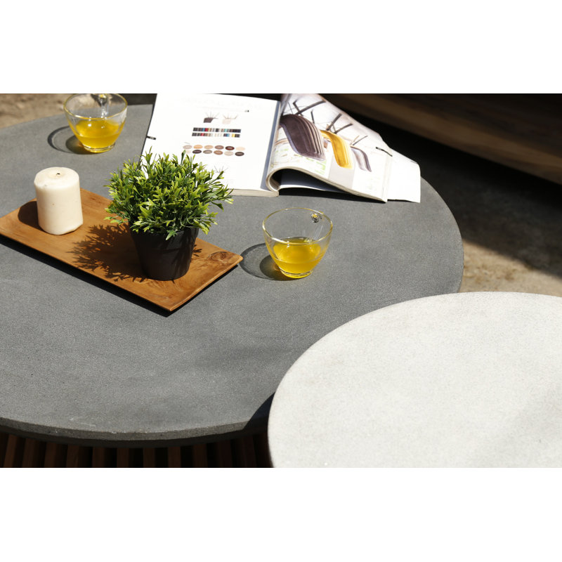 Round Coffee Table With Lava Stone / Grc Top And Teak Base, 18" H x 47" L x 47" W